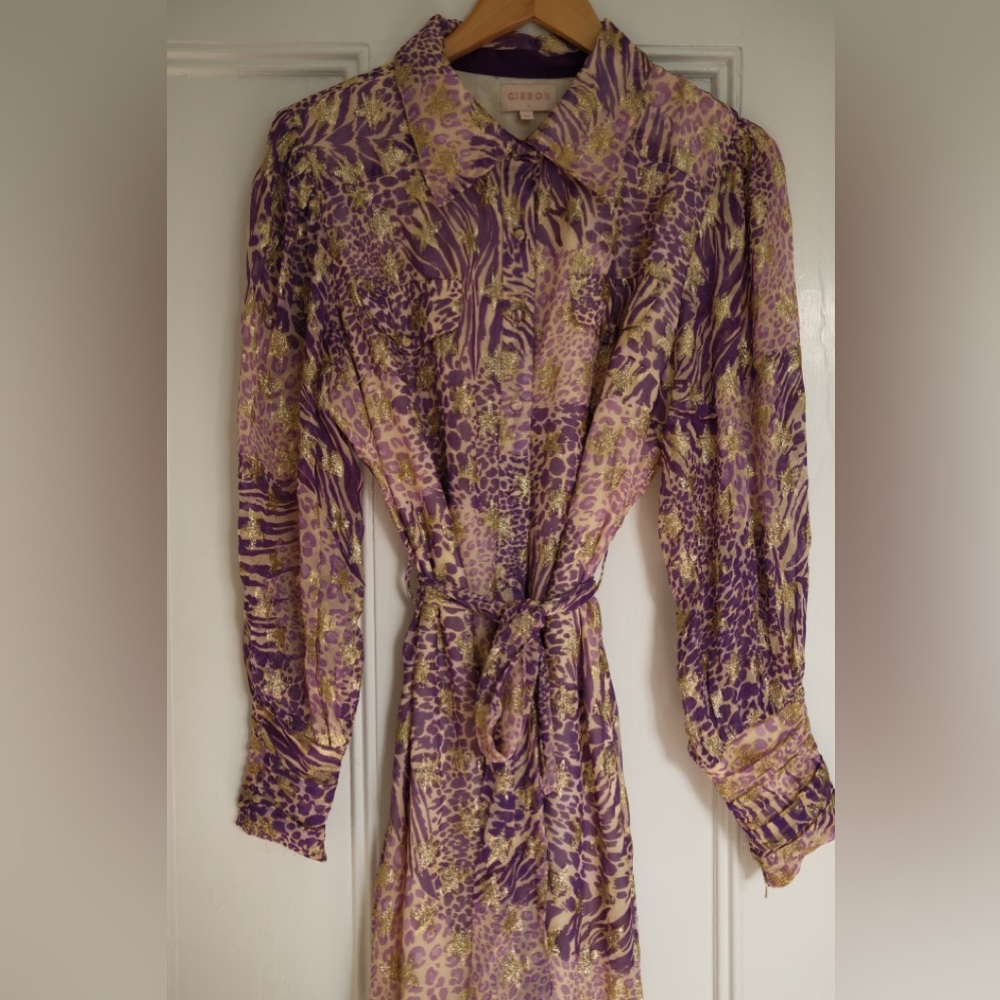CIEBON Beverly Metallic Tie Waist Long Sleeve Maxi Shirtdress size large